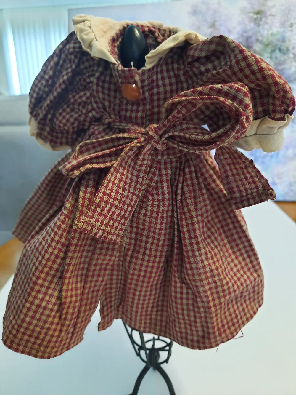 Vintage-Style Doll Dress in Burgundy Gingham